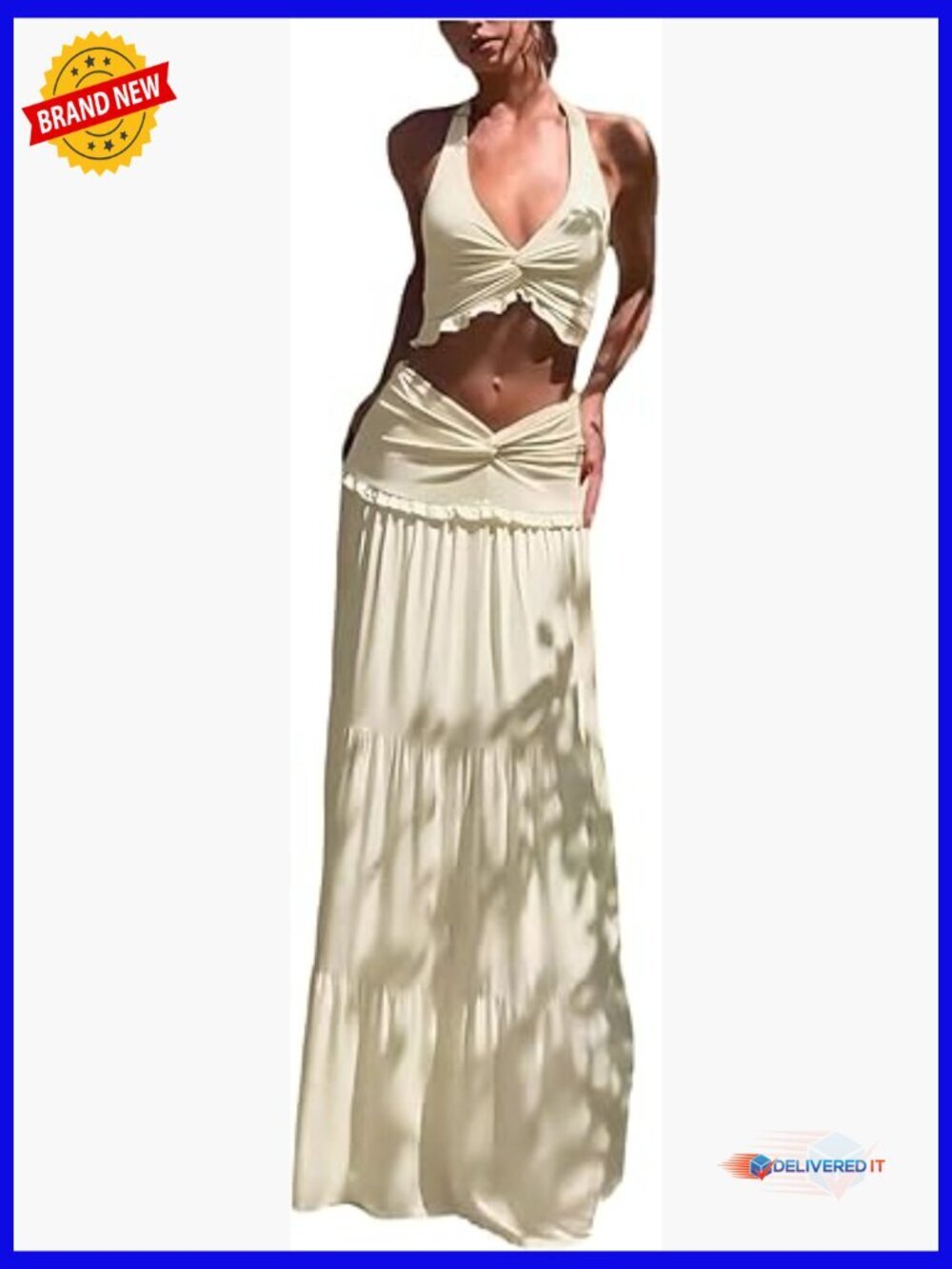 Backless Halter Crop Top and Tiered Ruffle Maxi Skirt Set Size Small